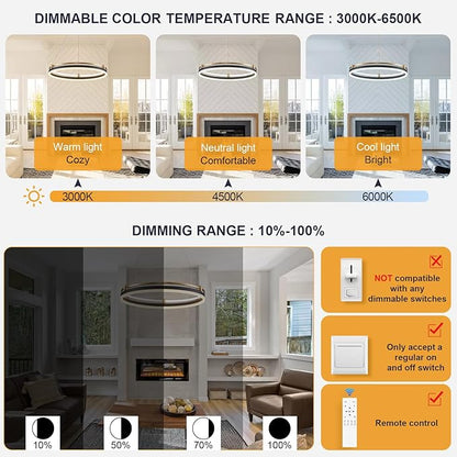 Benkut Modern LED Pendant Light 23.6" Black Gold Dimmable Circular LED Chandelier 1 Ring with Remote, Round Hanging Light for Kitchen Island Dining Room Living Room Foyer Entryway, 2-Ring Lighting
