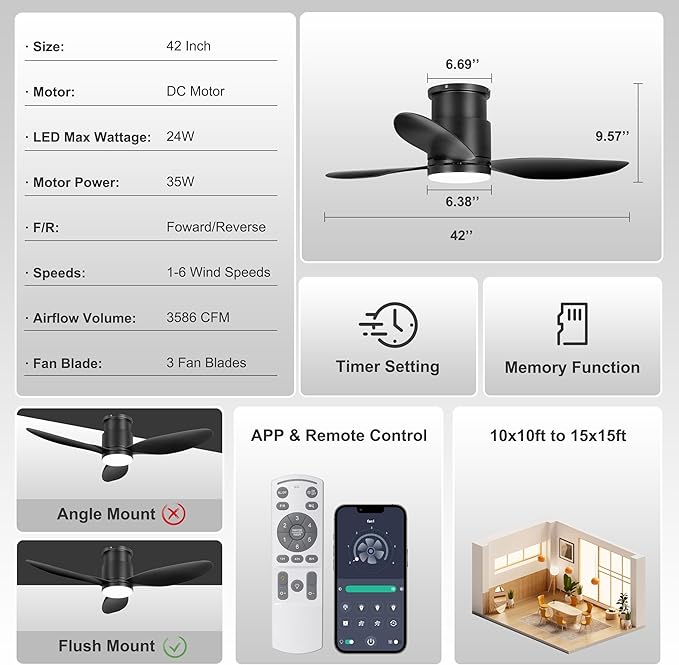 Ohniyou 42'' Flush Mount Ceiling Fans with Lights, Remote/App Control, Dimmable, Quiet Indoor/Outdoor Ceiling Fan for Covered Patio, Bedroom, Kitchen, Black