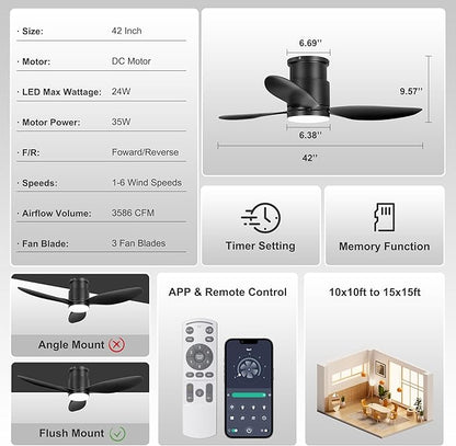 Ohniyou 42'' Flush Mount Ceiling Fans with Lights, Remote/App Control, Dimmable, Quiet Indoor/Outdoor Ceiling Fan for Covered Patio, Bedroom, Kitchen, Black