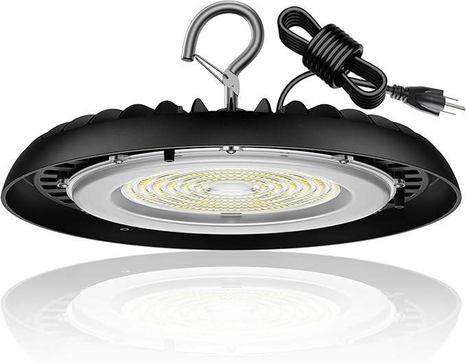 dephen UFO LED High Bay Light 150W, 5000K Plug in Shop Lights, 16,500M LED Garage Ceiling Lights with US Hook, 120VAC High Bay LED Lighting for Workshop Barn Warehouse UL-Listed