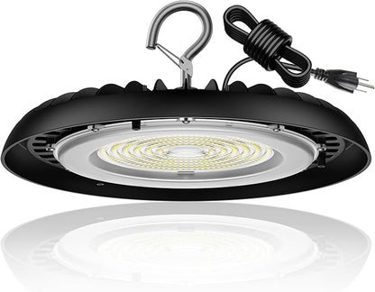 dephen UFO LED High Bay Light 150W, 5000K Plug in Shop Lights, 16,500M LED Garage Ceiling Lights with US Hook, 120VAC High Bay LED Lighting for Workshop Barn Warehouse UL-Listed