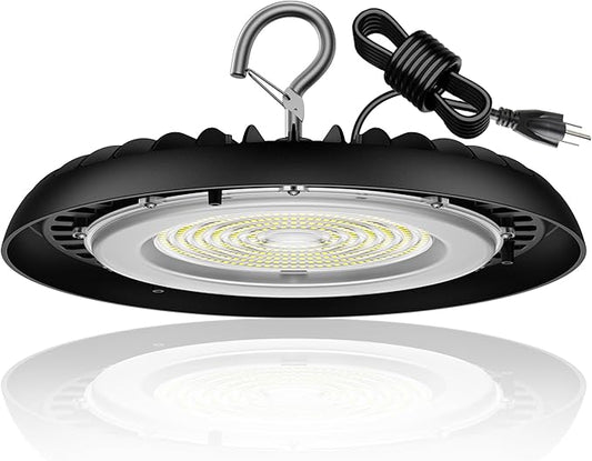 dephen UFO LED High Bay Light 150W, 5000K Plug in Shop Lights, 16,500M LED Garage Ceiling Lights with US Hook, 120VAC High Bay LED Lighting for Workshop Barn Warehouse UL-Listed