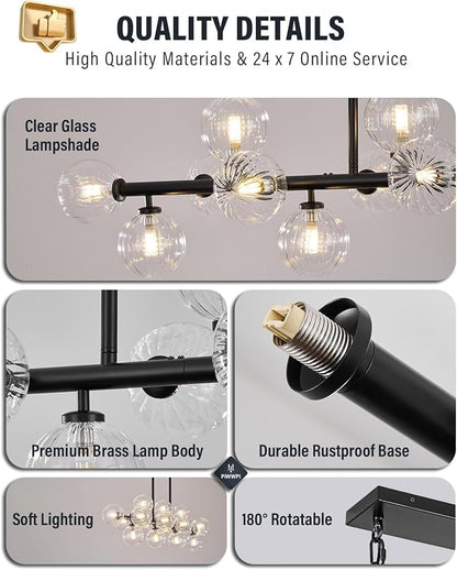 Large Linear Chandeliers for Dining Room Kitchen Island, 55" Long Light Fixture Over Table, 16-Light Modern Glass Globe Sputnik Farmhouse Chandelier, Black and Clear Bubble, GC-08