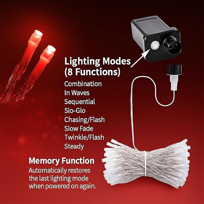 Etinga 100 LED Red String Lights 33ft, Plug in Fairy Lights with 8 Lighting Modes, Indoor Outdoor Waterproof Decorative Lights for Bedroom Tree Patio Garden Holiday Wedding (Red, 100 LED 33ft)
