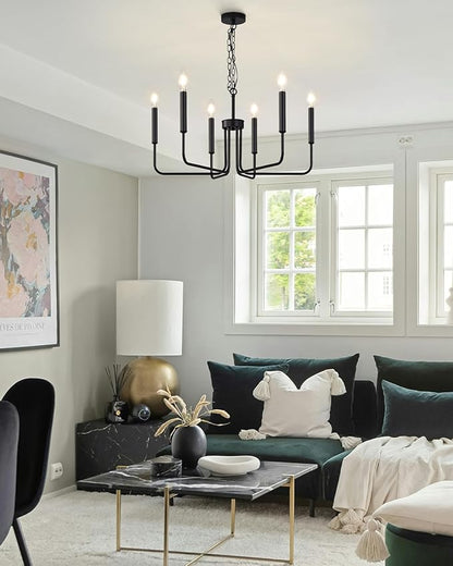Yunnix 6 Light Matte Black Farmhouse Chandelier with Chain for Dining Room Lighting Fixtures, Rustic Industrial Iron Chandeliers for Bedroom, Foyer, Kitchen, Living Room and Entryway