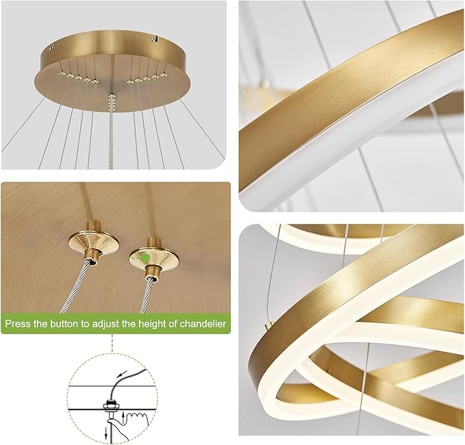 Benkut 5-Rings Modern LED Chandelier Gold High Ceiling Chandelier with Remote Control Dimmable Pendant Lighting for Dining Room Foyer Living Room Entryway Staircase(3000K-6500K, D23.6in)