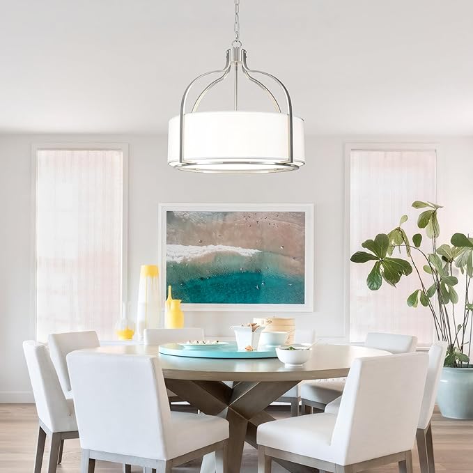 20.5'' Brushed Nickel Drum Chandelier, 5-Light Large Modern Chandeliers for Dining Room Hanging Light Fixture Drum Pendant Light with White Fabric Shade for Kitchen Living Room Foyer Bedroom