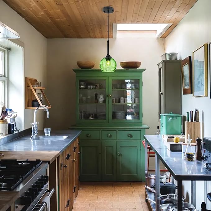 Glass Pendant Lights Kitchen Island: 5.91'' 1-Light Green Hammered Glass Pendant Light with Black Finish - Modern Minimalist Hanging Light Fixture for Kitchen Sink Dining Room - E26 Base