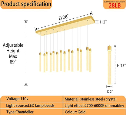 Modern Rectangular Crystal Chandelier for Dining Room LED Dimmable Crystal Column Pendant Light for Kitchen Island Entrance Foyer Living Room Adjustable Height 14-Lights Gold