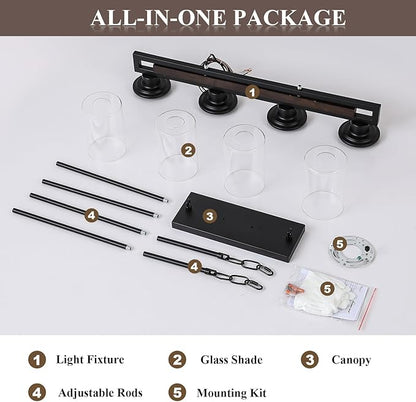 Farmhouse Dining Room Light Fixture, 4-Light Wood Kitchen Island Lighting for Dining Room Over Table, Black Adjustable Pendant Light with Clear Glass Shades, Linear Chandeliers Lighting for Kitchen