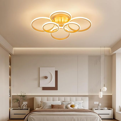 Modern Ceiling Lights, 6 Rings Dimmable Gold LED Ceiling Light Fixtures with Remote Control, 60W Close to Ceilings Lighting for Living Room, Bedroom, Dining Room