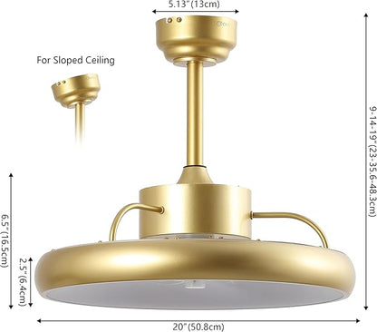 Oval AIR Loren 20" Small Smart Ceiling Fan with Light, Semi Flush Mount, Quiet 6-Speed Reversible Motor, Dimmable LED, Adjustable CCT, App & Remote Control, Modern Glam, Gold AIR8002A