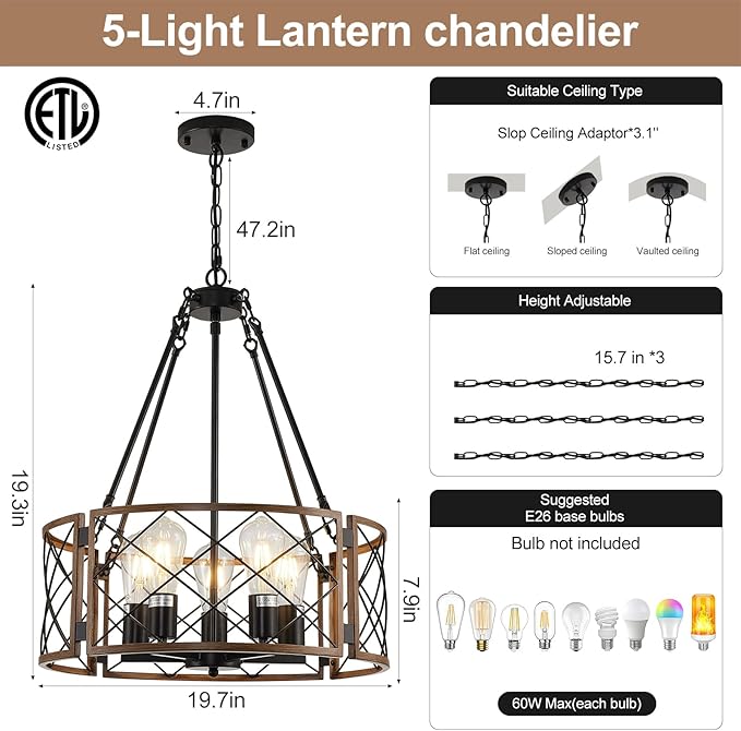 21'' Farmhouse Chandelier, 5-Light Black & Wood Grain Dining Room Light Fixture Over Table, Rustic Industrial Drum Hanging Pendant Lights Fixture for Kitchen Island Bedroom Hallway Foyer Entryway