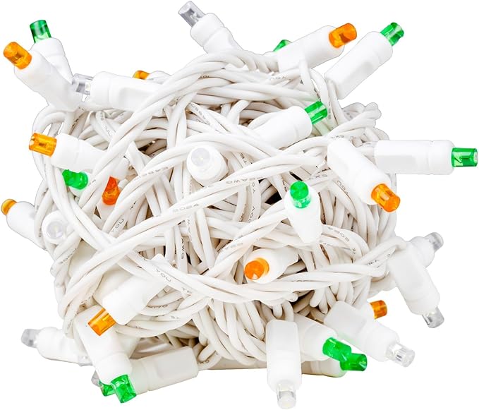 Novelty Lights 25ft Christmas String Lights, 50 Green/Pure White/Orange LED Bulbs on White Wire, 6" Spacing, Connectable Indoor Outdoor Commercial Grade Lighting for Holidays Patio Weddings