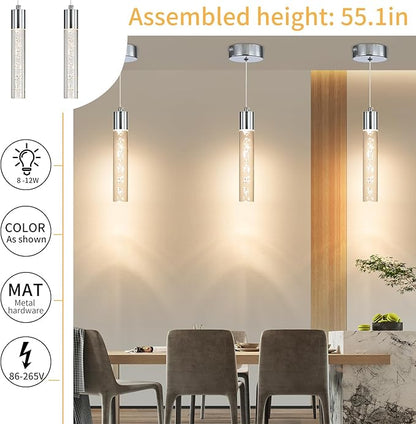 3 Pack Modern LED Pendant Light, Chrome Bubble Hanging Ceiling Lamp Fixture, 3 Color 2700K/4500K/6500K, Small Kitchen Island Chandelier Over Table for Dining Room, Living Room, Bedroom, Bar, Cafe