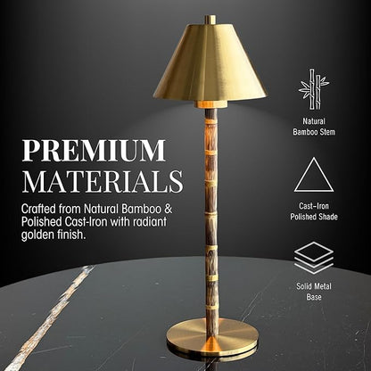 Bamboo Cordless LED Table Lamp – Rechargeable 24-Hour Battery, Dimmable Warm Light, 15" Portable Wireless Lamp with Remote for Indoor/Outdoor Use, Home, Patio, Restaurant – Polished Gold