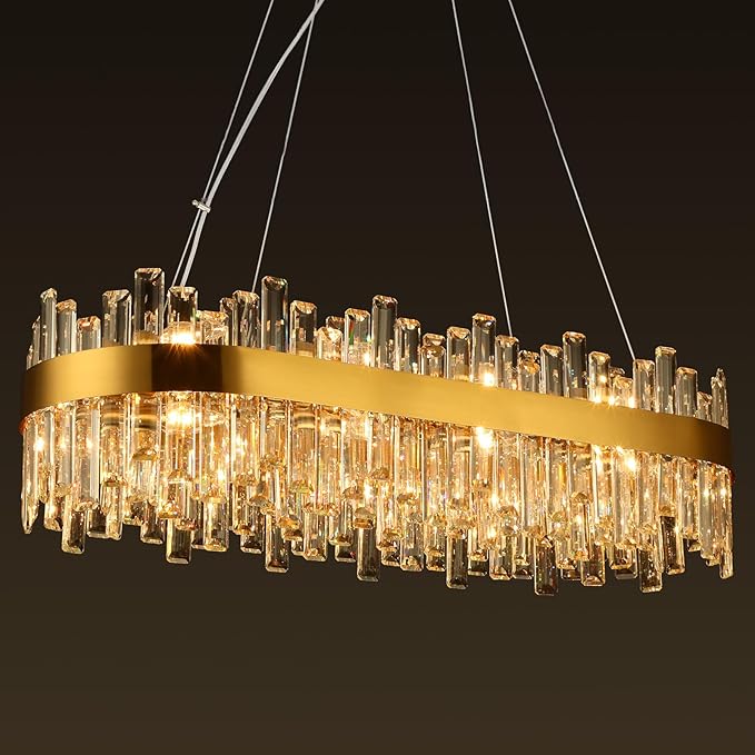 Weesalife Gold Crystal Chandeliers for Dining Room, 20 Lights Modern Oval Chandelier for Lining Room, Rectangular Crystal Pendant Light Fixture for Kitchen Island Bar L36 Inch