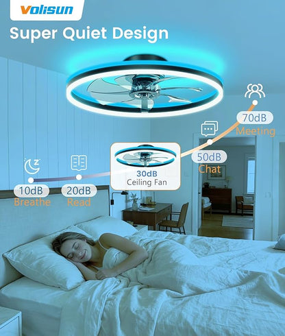 VOLISUN RGB Ceiling Fan with Lights and Remote, 23.6in Low Profile Ceiling Fan Flush Mount, 3000K-6500K Dimmable Fandelier LED Fan Light, Black Bladeless Ceilings Fans for Bedroom