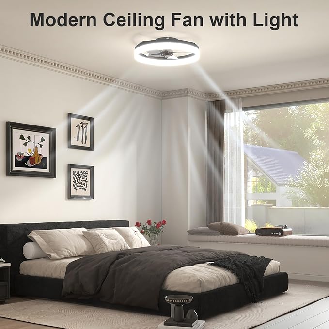 VOLISUN Low Profile Ceiling Fans with Lights and Remote, 19.7in Fandelier Ceiling Fan with Light, 3000K-6500K Dimmable Bladeless LED Fan Light, Black Flush Mount Ceiling Fans with Lights for Bedroom