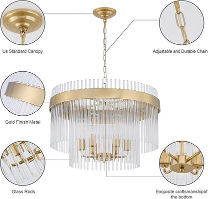 Dijiahua Modern Gold 23.6”Round Chandelier for Dining Room,6-Light Pendant Lights Kitchen Island 1 Pack,2-Tiers Luxury Brushed Brass Adjustable Cord Ceiling Hanging Lamp for for Entryway Living Room