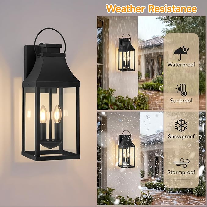 tewei Dusk to Dawn Outdoor Lighting Fixture, 20'' Large Porch Lights Outdoor Sconce Lights, 2-Light Black Exterior Lights for House Waterproof Outside Patio Lanterns for House Garage, 1-Pack