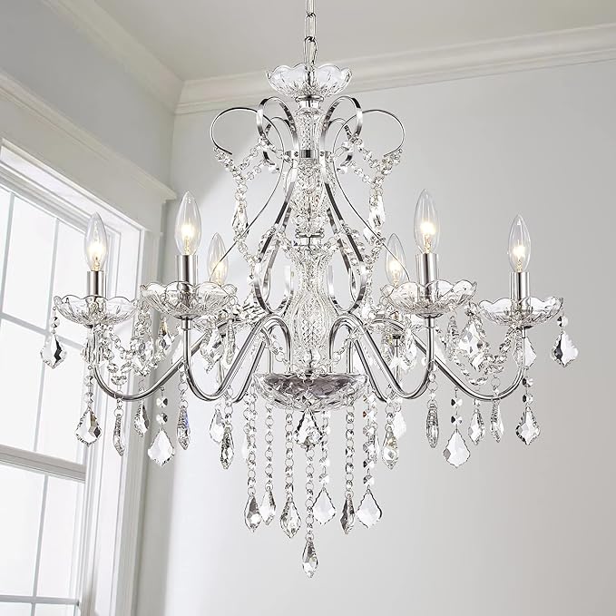 Saint Mossi 6 Light Crystal Chandelier Light Fixture Modern Chandelier Pendant Lighting, Chrome Pendant Raindrop Chandelier for Dining Room,Bedroom,Living Room,H23 x D24