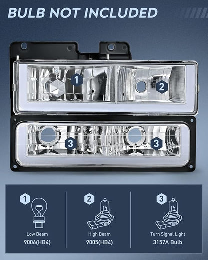 Nilight DRL Headlight Assembly Compatible with 1988 1989 1990 1991 1992 1993 1994 1995 1996 1997 1998 Chevrolet GMC C10 C/K 1988-1999 Silverado Suburban Sierra Blazer Tahoe Yukon Chrome Housing