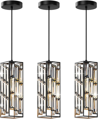 Black Pendant Lights Modern Pendant Light Fixture, Mini Crystal Pendant Ceiling Light, Pendant Light for Kitchen Island, Dinning Room, Bedroom, Kitchen Sink Lighting (3-Pack)