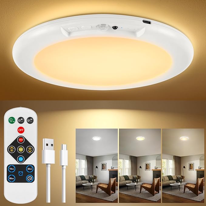 Battery Ceiling Light Fixture with Remote &Motion Sensor 2 in 1, Wireless Bathroom Ceiling Light Shower Light Rechargeable,3Lighting&Dimmable, Magnet Mount LED Closet Light for Bedroom Stairs Garage