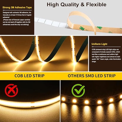 Pandery COB LED Strip Light,CCT Dimmable Strips Light,2700K-6500K,6.56ft/2m,8mm Wide,CRI90+ 24V LED Strips Kit with Bluetooth APP Control/Music Mode,for Bedroom,Kitchen,DIY Lighting