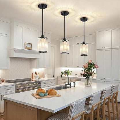 MQMQA 1 Pack Black Pendant Lights Kitchen Island, Modern Crystal Chandelier Kitchen Pendant Lighting Over Island, Adjustable Hanging Mini Light Fixtures for Dining Room Hallway Corridor Bedroom