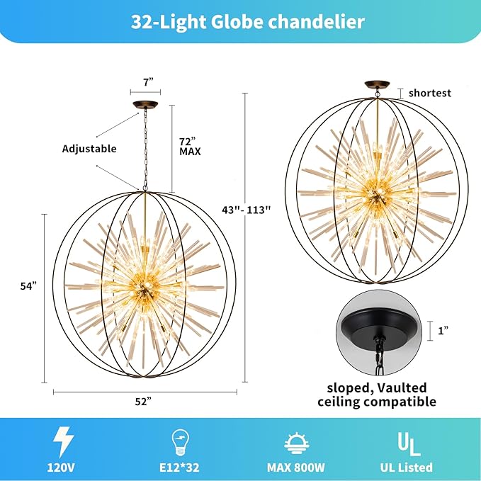 Vezzio 52" Extra Large Globe Chandelier for High Ceilings 32-Light Modern Black and Gold Modern Crystal Pendant Light Fixture for Entryway, Foyer, Stairway, Kitchen, Dining, and Living Room