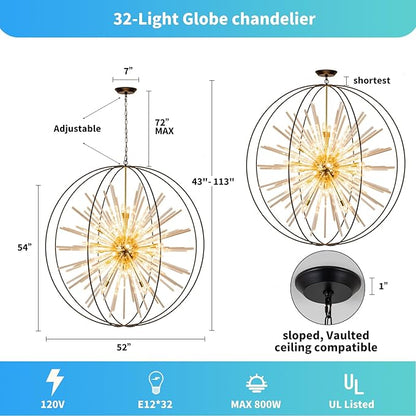 Vezzio 52" Extra Large Globe Chandelier for High Ceilings 32-Light Modern Black and Gold Modern Crystal Pendant Light Fixture for Entryway, Foyer, Stairway, Kitchen, Dining, and Living Room