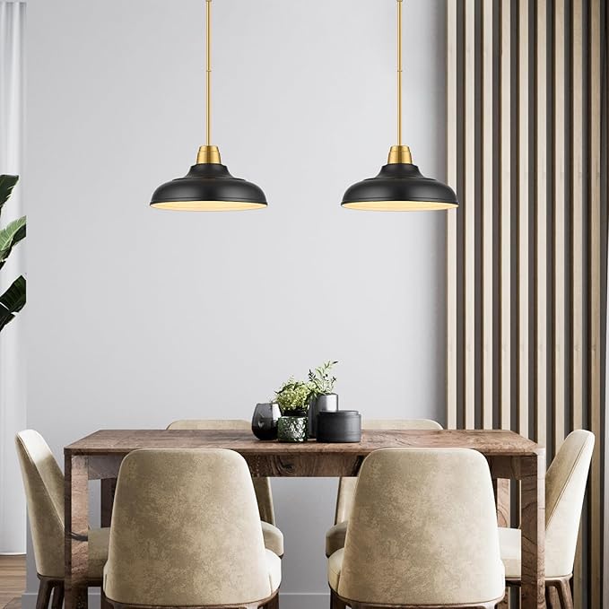 Black and Gold Pendant Light, 12" Matte Black Pendant Lights Fixtures Adjustable Rod Gold Modern Hanging Lighting,for Kitchen Island Dining Room Bar Restaurant Sink Entrance