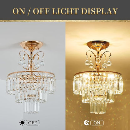 3-Light Gold Crystal Chandelier,Modern 3 Tier Semi Flush Mount Chandelier with G9 Base,Height Adjustable for Farmhouse Living Room Dining Room Bedroom Kitchen Corridors