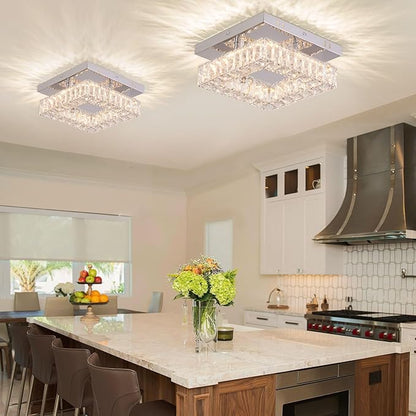 9.8" Modern Mini LED Chandelier Square Crystal Ceiling Light Flush Mount Ceiling Light for Hallway Foyer Kitchen Closet 3000 K Warm White