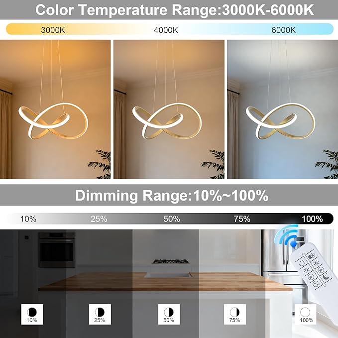 MAYNA Modern LED Chandelier with Remote Control, Dimmable LED Chandelier with 3 Color Temperature,Height Adjustable Pendant Lights for Dining Room Foyer Entryway Kitchen Living Room, Gold 19.7 inch