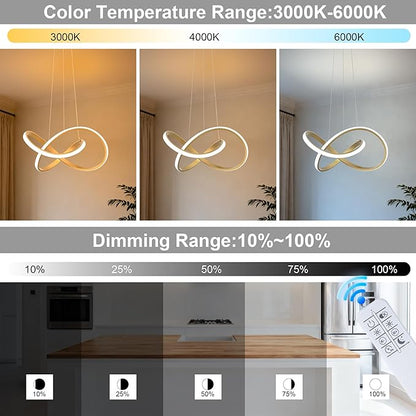 MAYNA Modern LED Chandelier with Remote Control, Dimmable LED Chandelier with 3 Color Temperature,Height Adjustable Pendant Lights for Dining Room Foyer Entryway Kitchen Living Room, Gold 19.7 inch