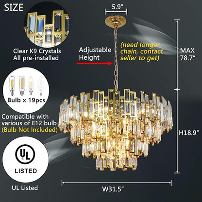W31.5 Modern Crystal Chandelier Gold Round Chandelier for Living Room 4-Tier Large Chandeliers for High Ceiling Foyer Entryway Light Fixture Hanging Contemporary Lighting 19-Light