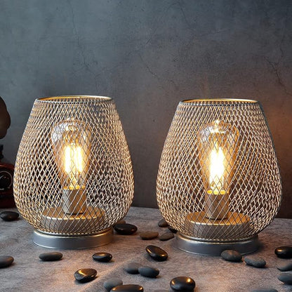 JHY DESIGN Set of 2 Metal Cage LED Lantern Battery Powered Cordless Accent Light with LED Great for Weddings Parties Patio Events for Indoors Outdoors(Silver)