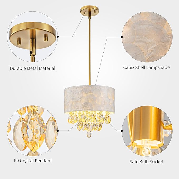 3-Light Drum Capiz Shell K9 Crystal Chandelier, Coastal Style Pendant Light Fixture for Dining Room, Living Room, D12 * H19~49 inch (Adjustable), Champagne Crystal & Gold Finish