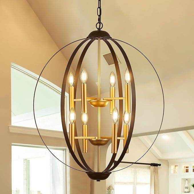 23.6''Black Gold 8-Light Globe Chandelier, Modern Industrial Adjustable Hanging Ceiling Pendant Light Fixture for Entryway Foyer Stairway Hallway Bedroom Living Room Kitchen Island