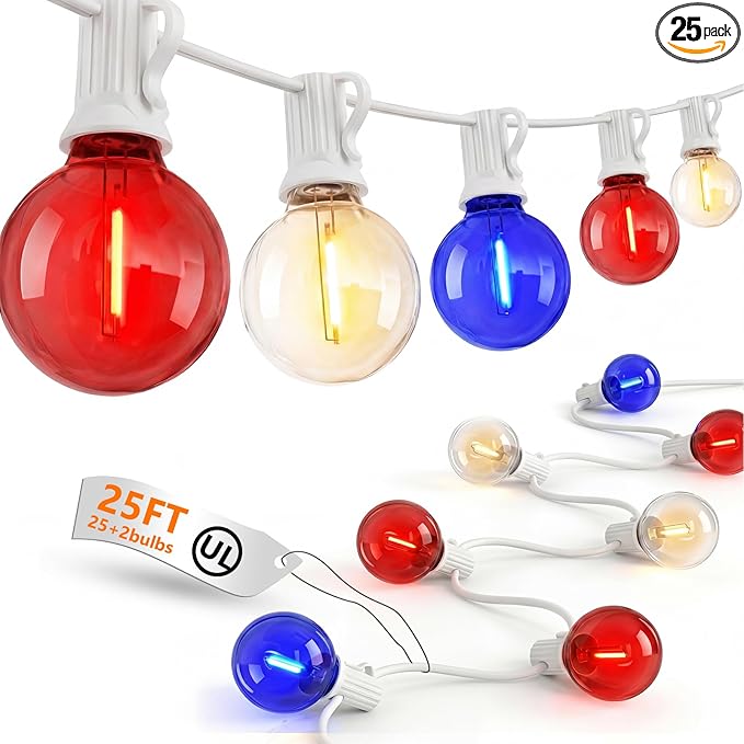 25Ft G40 LED Red White and Blue String Lights Outdoor,4th of July Decoration Lights with 27 LED Shatterproof Globe Bulbs, Hanging Patio Patriotic String Lights for Backyard Party Independence Day