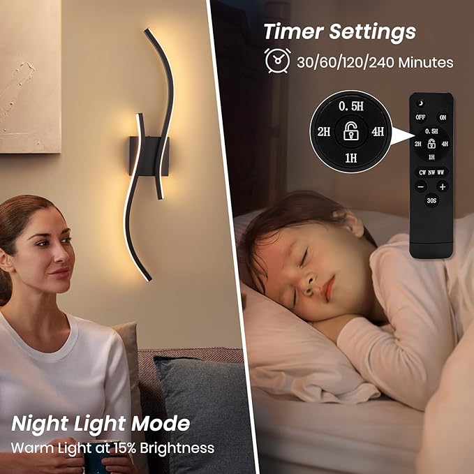 Battery Operated Wall Sconces Set of 2, Dimmable Rechargeable Battery Wall Light with Remote Control, 3000K-6500K LED Black Wireless Wall Sconce for Living Room Bedroom Hallway, 31.5inch (Black)