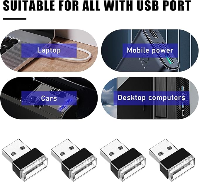 4 PCS USB LED Car Interior Atmosphere Lamp, Portable Mini LED Night Light, Plug-in USB Interface Trunk Ambient Lighting Kit, Universal Interior Car Accessories (Ice Blue)