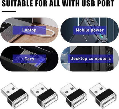 4 PCS USB LED Car Interior Atmosphere Lamp, Portable Mini LED Night Light, Plug-in USB Interface Trunk Ambient Lighting Kit, Universal Interior Car Accessories (Red)