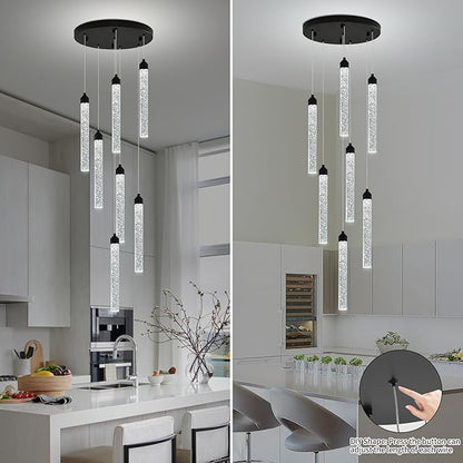 Crystal Staircase Chandelier, Modern Black Spiral Dimmable LED Cluster Raindrop Foyer Chandelier Lighting, Bubble Living Room Hanging Light Fixture 7 Light Remote Control