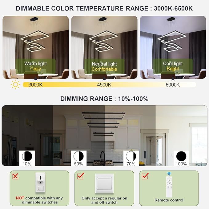 Benkut 3 Rings Modern LED Chandelier Black 31.5inch Rectangle Dimmable LED Pendant Light with Remote Control 3 Tier Flush Mount High Ceiling Light for Dining Living Room Foyer(3000K-6500K, H71)