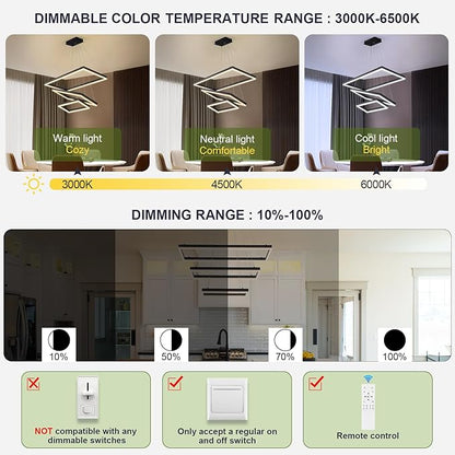 Benkut 3 Rings Modern LED Chandelier Black 31.5inch Rectangle Dimmable LED Pendant Light with Remote Control 3 Tier Flush Mount High Ceiling Light for Dining Living Room Foyer(3000K-6500K, H71)
