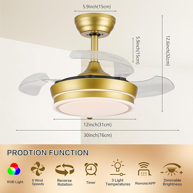 30" RGB Retractable Ceiling Fan Dimmable LED Chandelier Fan 6 Speed Small Fandelier with Remote APP Control for Living Dinning Room Bedroom Gold